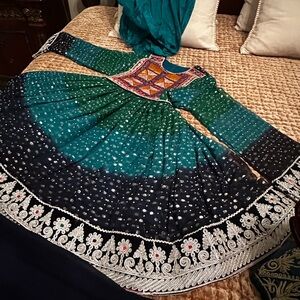 Elegant Green and Blue Embroidered Afghani dress with pants and scarf free size